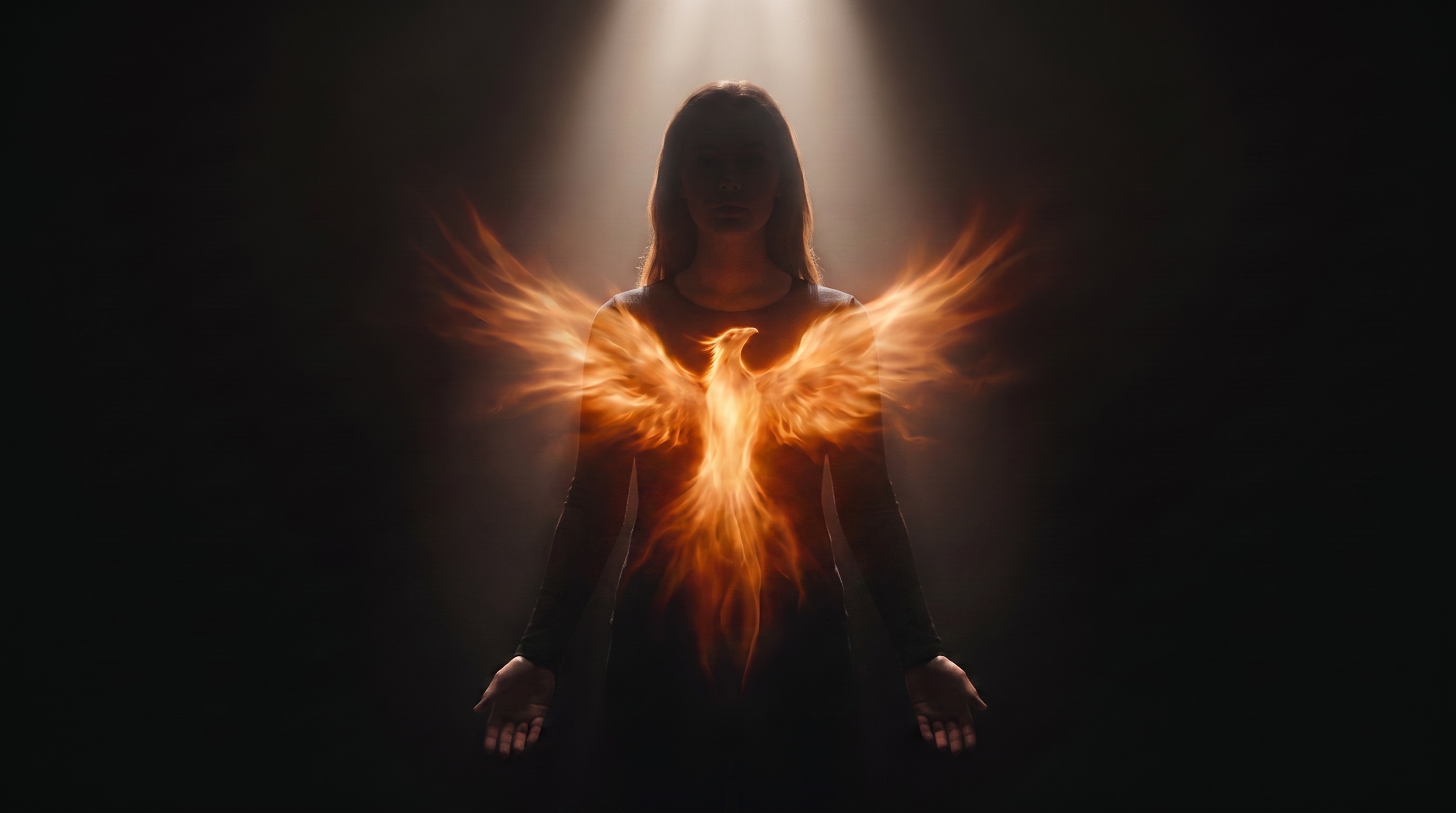 A woman with a glowing phoenix rising from her chest