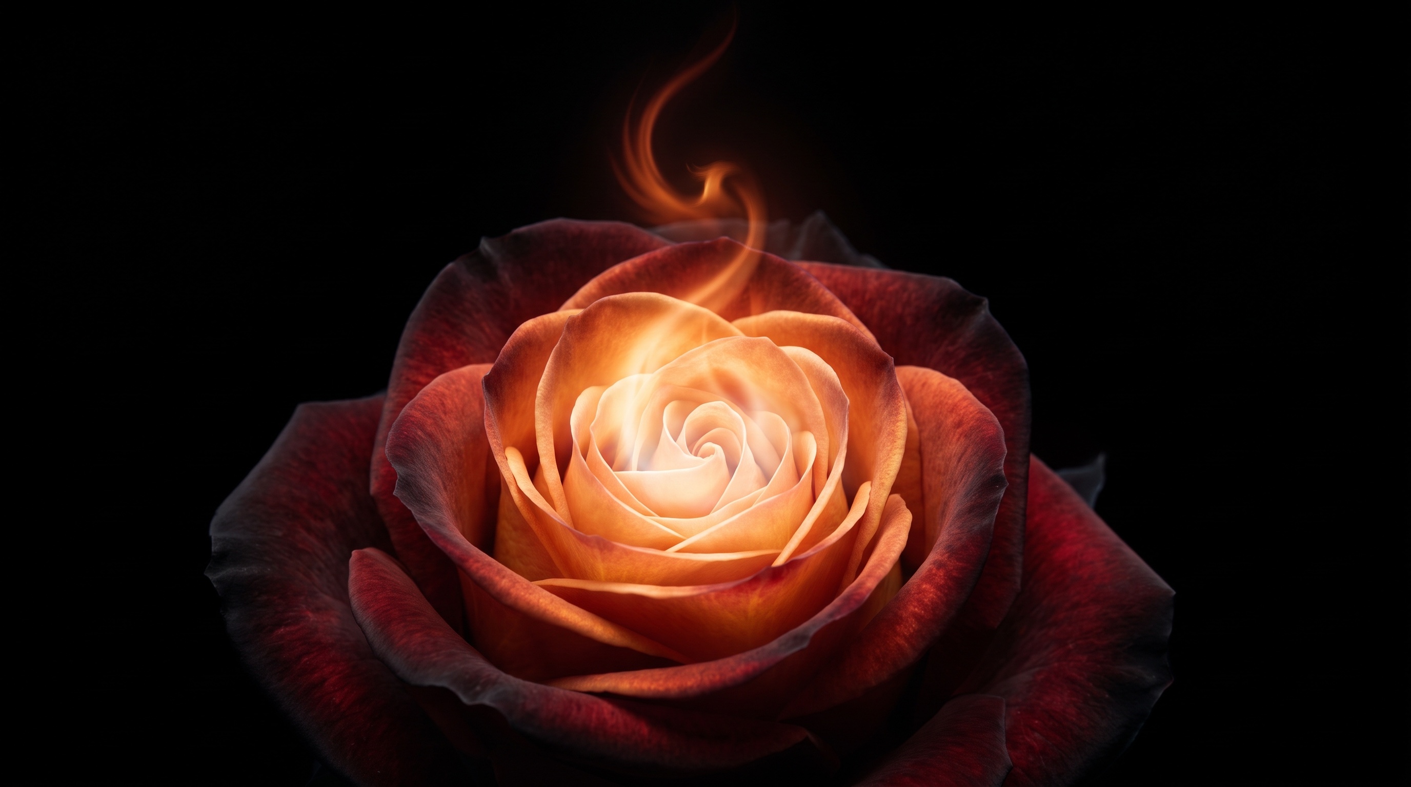 A rose with fire at its center