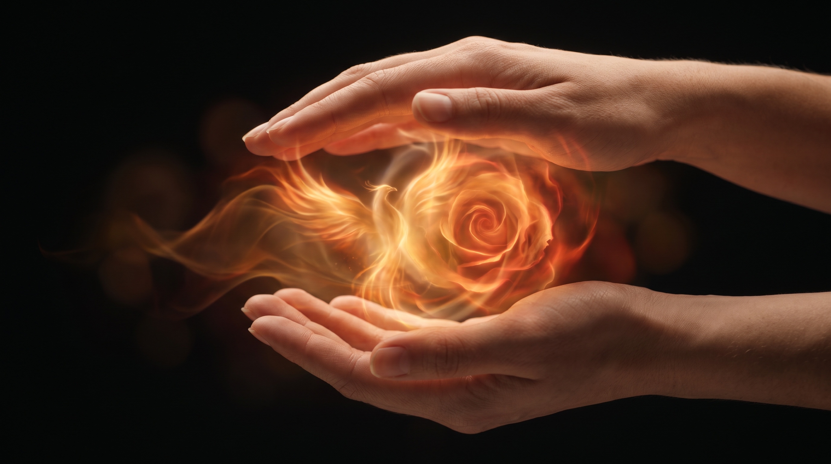 Hands cradling a glowing fire rose